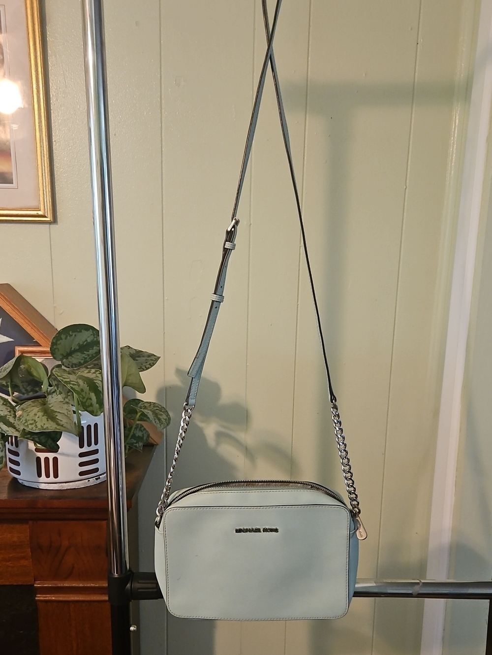 Michael Kors Pale Blue Leather Crossbody with Chain Strap